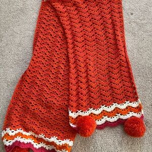 Handmade Crochet Chevron Sofa Throw Blanket Orange White Pink Pom Poms Retro